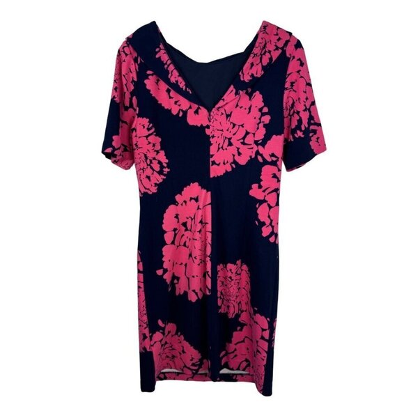 Trina Turk Career Floral 60s Dress Navy Pink High Neck Low V Back Midi Sz 10 GUC - Picture 4 of 12